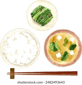 Watercolor paonting of Japanese breakfast. Rice,miso soup and pickles