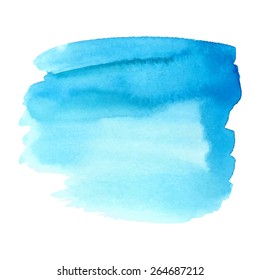 Watercolor paper texture blue hand drawn isolated spot on white background. Wet brush painted smudges and strokes abstract illustration. Water striped vector design stain for banner, print, template