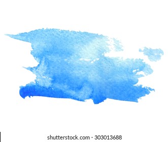 Watercolor paper texture hand drawn blue isolated stroke stain on white background. Wet brush painted smudges abstract vector water illustration. Artistic design element for decoration, web, banner