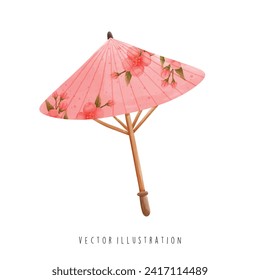 Watercolor of Paper Umbrella, Japanese Culture. Travel and Landmark. Vector Illustration