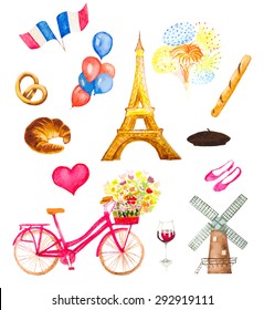 watercolor paris icons vector illustration. eiffel tower, bicycle with flowers, balloons, flags, fireworks and bakery mill