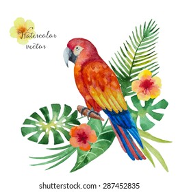 Watercolor parrot, exotic flowers and leaves isolated on white background, vector illustration.