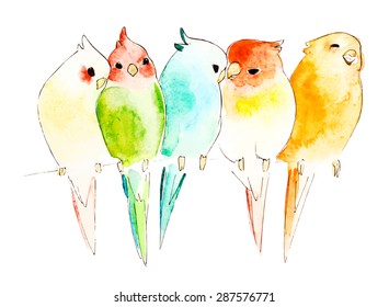 Watercolor Parrots On Branch, Vector