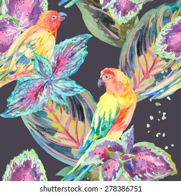 Watercolor Parrots .Tropical flower and leaves. Exotic. Vector for your design.