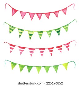 Watercolor Party Bunting Flags Set, Isolated On White Background