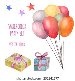 Watercolor party set. Hand drawn vintage celebration objects: gift boxes, air balloons, stars. Vector design elements