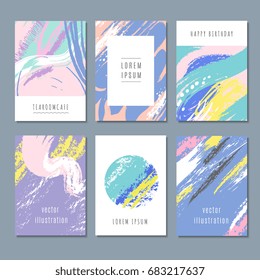 Watercolor pastel abstract backgrounds. Vector invitation cards with hand brush texture. Template of birthday card, poster and banner with colored texture drawing illustration