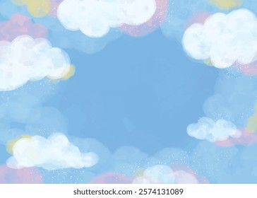 watercolor pastel blue pink color cloud in a sky with glittery stars illustration hand drawn background wallpaper greeting card template space for text landscape cute