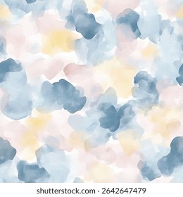 Watercolor pastel blue, soft pink, and light yellow clouds, grunge lines ikat pattern, clouds seamless pattern, Vector illustration background for print the paper.