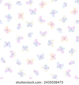 Watercolor pastel butterfly seamless pattern vector. Colorful butterfly on white background. Garden theme wallpaper. Design for fabric, cloth, dress, skirt, shirt, wrapping paper, cover, print, scarf.