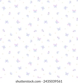 Watercolor pastel butterfly seamless pattern vector. Colorful butterfly and dots. Garden theme wallpaper. Design for fabric, cloth, dress, skirt, shirt, wrapping paper, cover, print, card, textile.