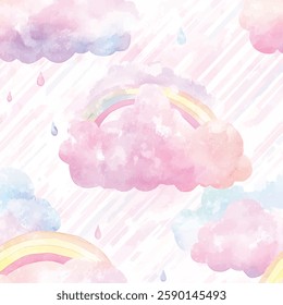 Watercolor Pastel Clouds Rainbow Stripes Seamless Pattern
