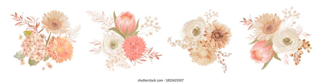 Watercolor pastel floral bouquets Design. Vector flowers, white rose, wedding hydrangea, ranunculus, anemone greenery. Gold foliage isolated illustration set