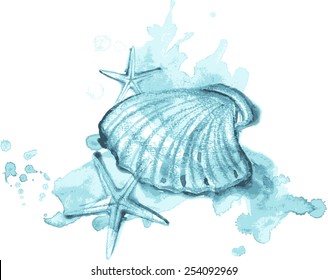 Watercolor and pastel illustration of sea shells and stars and spray