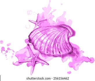 Watercolor and pastel illustration of sea shells and stars and spray