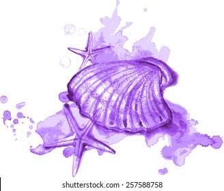 Watercolor and pastel illustration of sea shells and stars and spray
