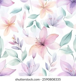 Watercolor pastel pink, lilac, and mint green flowers and leaves on a white background, Flower seamless pattern. Watercolor print in rustic vintage style, textile or wallpapers.