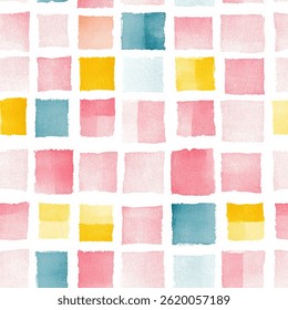 Watercolor pastel in shades of pink, yellow, and blue squares on a white background. grunge lines ikat pattern, squares seamless pattern, Vector illustration background for print the paper.