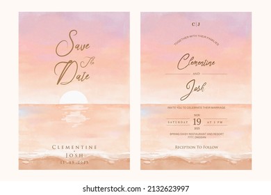 Watercolor Pastel Sky Sunset Beach Wedding Invitation Set Template