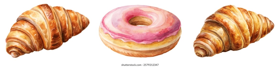 Watercolor pastries, delicious croissants, pink frosted donut, bakery treats, food illustration, gourmet desserts.