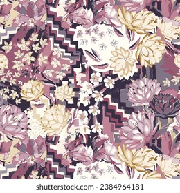 Watercolor patchwork floral digital pattern on textures