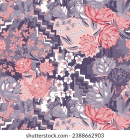 Watercolor patchwork floral digital pattern on textures