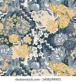 Watercolor patchwork floral digital pattern on textures