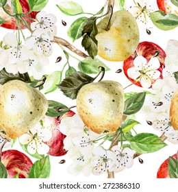 Watercolor Pattern with apples and flowers. Vector illustration