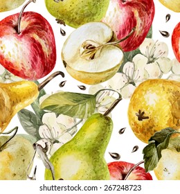 Watercolor pattern with apples, pears and flowers. Vector.