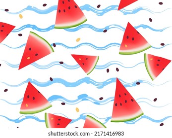Watercolor Pattern Background with Blue Wavy Lines, Cut Watermelon and Seeds