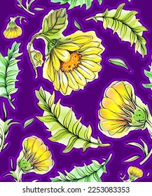 Watercolor pattern, background. Chrysanthemum, sunflower, belladonna, calendula, zinnia. Postcards, cliparts for T-shirts and fashion accessories