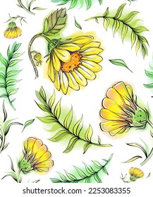 Patrón de acuarela, fondo. Crisantemo, girasol, belladona, caléndula, zinnia. Postales, cliparts para camisetas y accesorios de moda