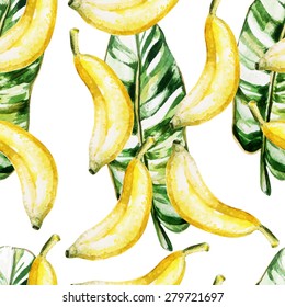 Watercolor pattern with bananas and leaves. Vector illustration