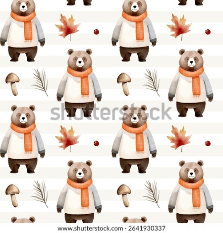 Watercolor pattern with bear, leaves, mushroom for autumnal design. Fall seamless pattern. Autumn woodland