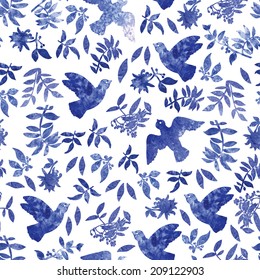 Watercolor pattern with birds and flowers.  Hand-drawn pattern. Seamless pattern for fabric, paper and other printing and web projects.