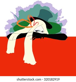 Abstract  watercolor pattern blond woman in a green cylinder, black gloves, lilac bow, white background and a red banner. Fashion Design Poster cinema theater. vector