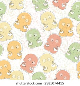 watercolor pattern, children's. octopuses and jellyfish among crabs and starfish Cartoon, flat. Isolated vector illustration eps
