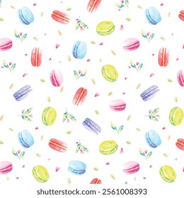 Watercolor Pattern of Colorful Macarons with Delicate Floral Elements