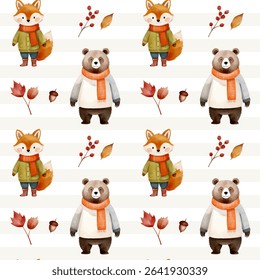 Watercolor pattern with cute fox and bear for autumnal design. Fall seamless pattern. Autumn woodland