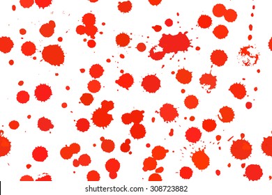 Watercolor pattern of droplets. Watercolor splashes on paper. Red drops randomly arranged.
