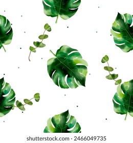 Watercolor pattern with exotic monstera leaves. Seamless botanical pattern. Tropical background. 