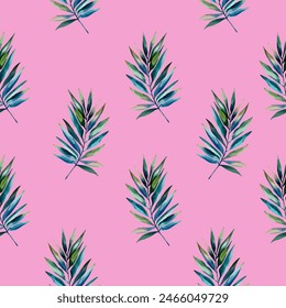 Watercolor pattern with exotic tropical leaves. Seamless botanical pattern. Tropical background. 