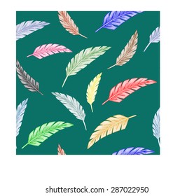 Watercolor pattern feather. Vector illustration. Colorful seamless
