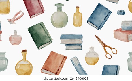 Watercolor pattern featuring books, bottles, and other stationery items.