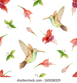 Watercolor pattern, fuchsia flowers and Hummingbird on white background, vector illustration.