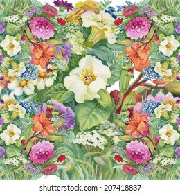 Watercolor pattern with garden flowers vector illustration