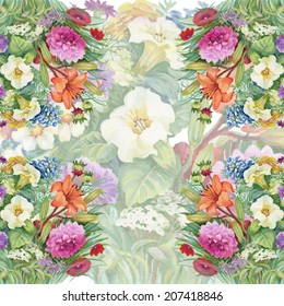 Watercolor pattern with garden flowers vector illustration