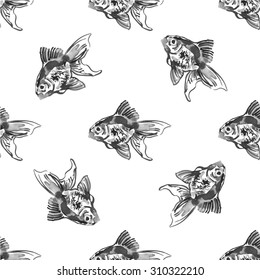 watercolor pattern with golden fish. black and white ink
