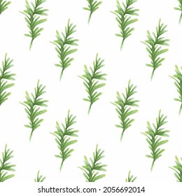 Watercolor pattern with green coniferous branches on a white background. Vector seamless pattern.