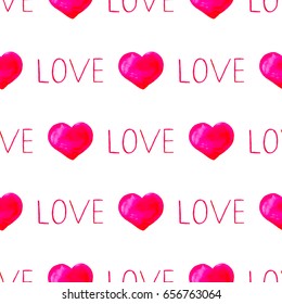 Watercolor pattern with heart and text love on white background.